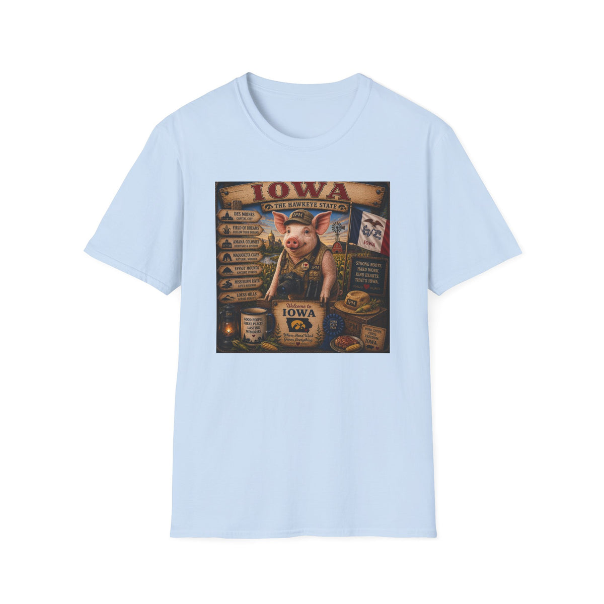 Iowa Pig State Map T-Shirt — Hawkeye State Travel Souvenir Tee