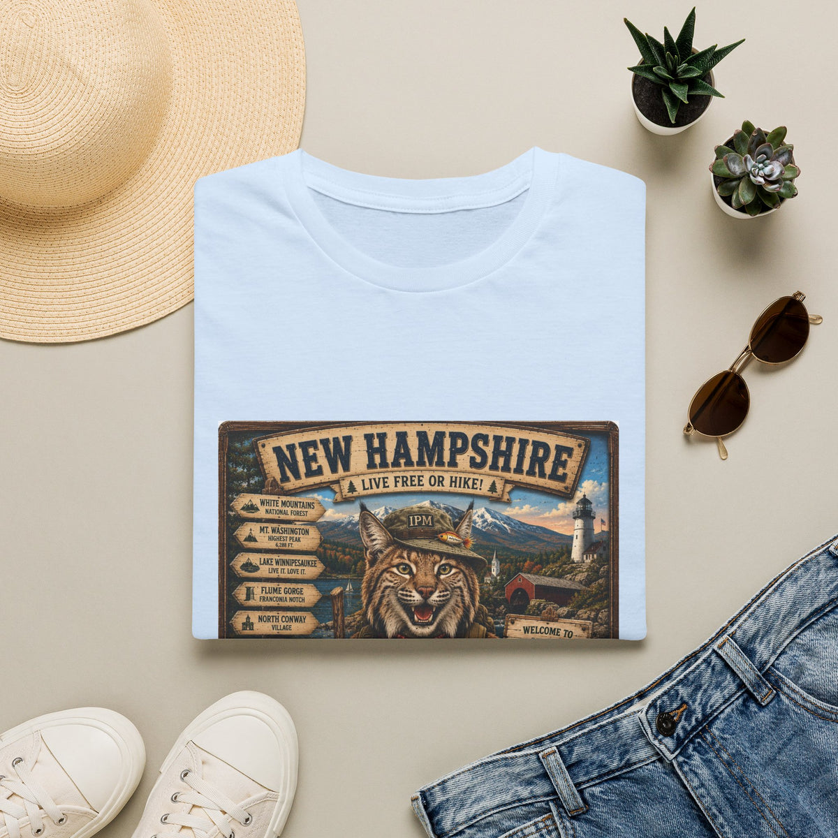 New Hampshire T-Shirt — 'Live Free or Hike' Vintage Mountain Bobcat Design
