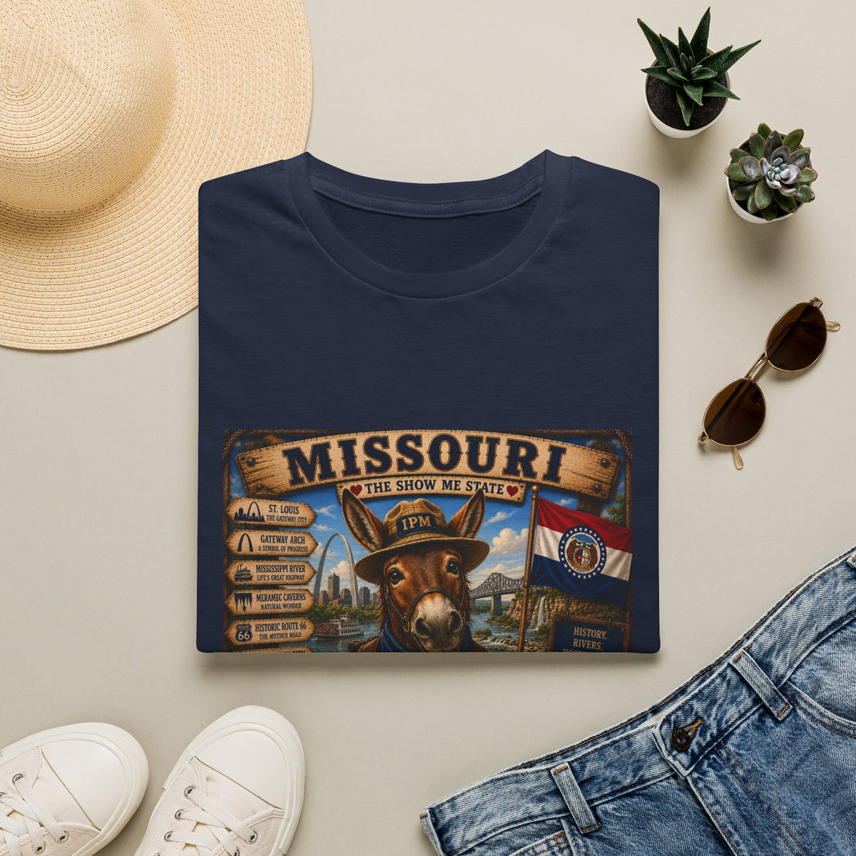 Missouri Vintage Donkey T-Shirt — State Map, Landmarks & Flag Graphic