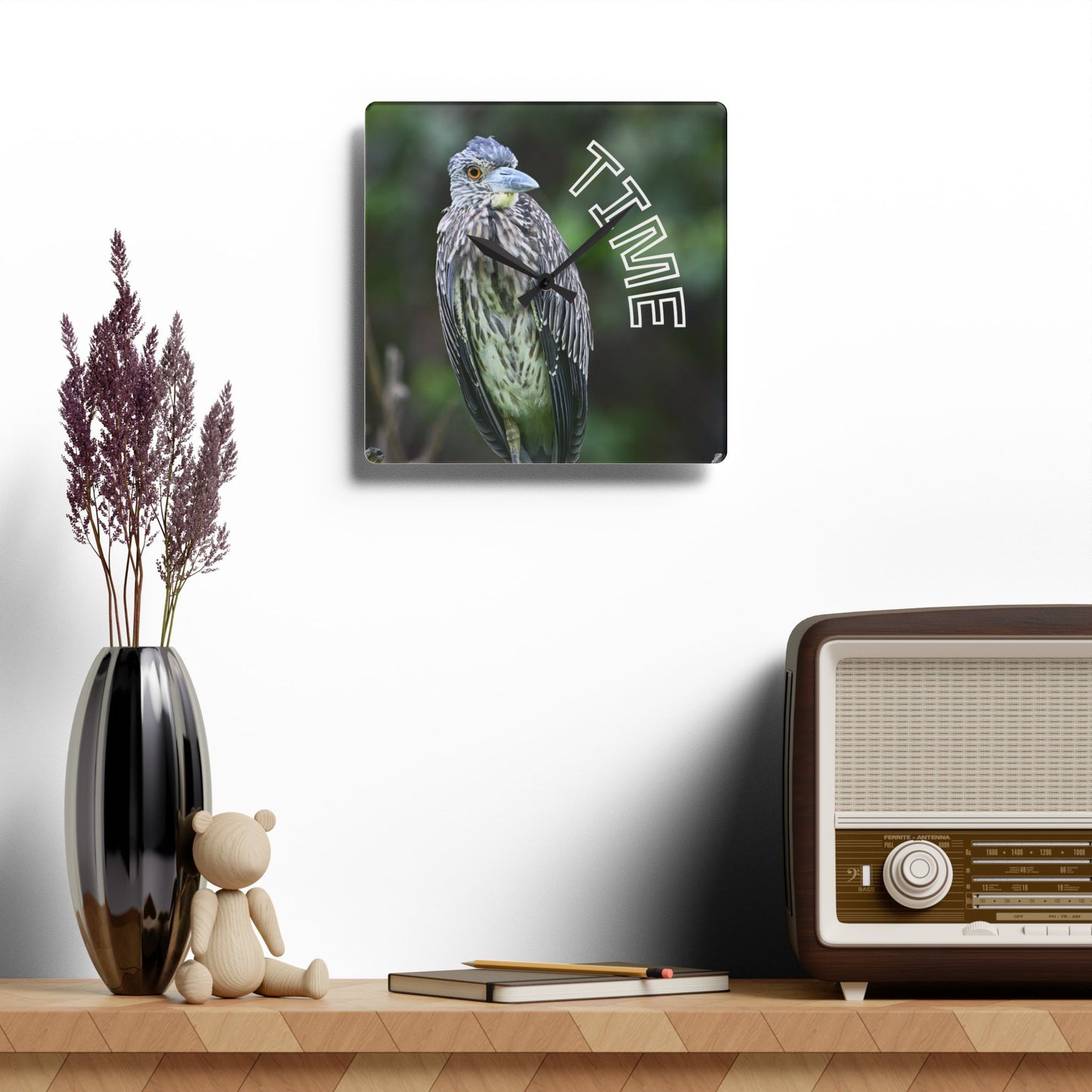 Acrylic Wall Clock — Bird Photo "TIME" Decorative Wall Clock for Nature Lovers