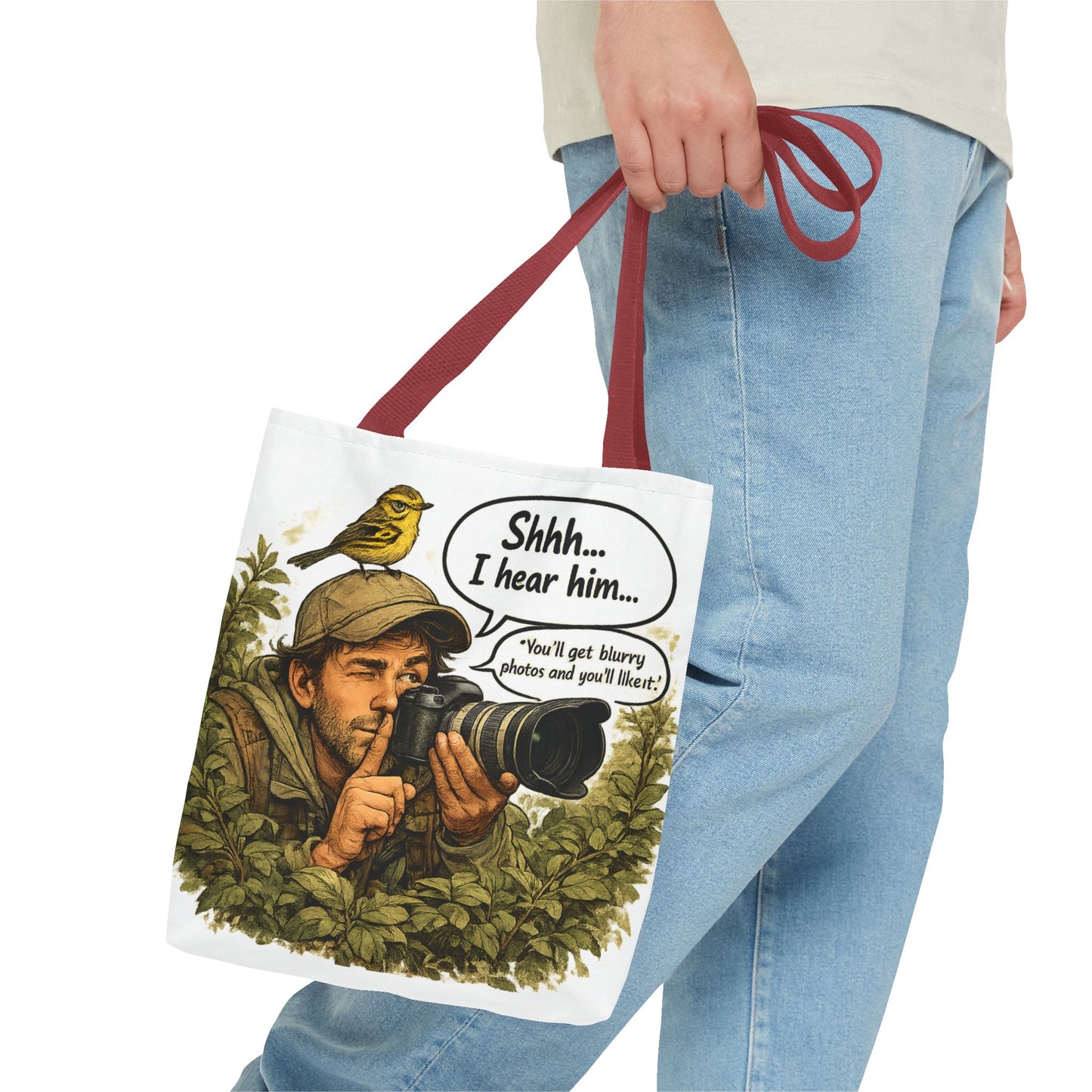 Wildlife Photographer Tote Bag – "Shhh... I hear him" Birdwatching Camera Print