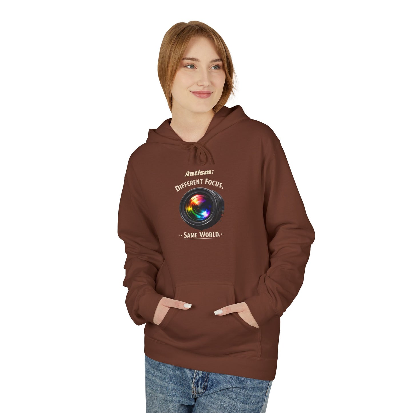 Hoodie — 'Different Not Less, Same World' Rainbow Eye Graphic