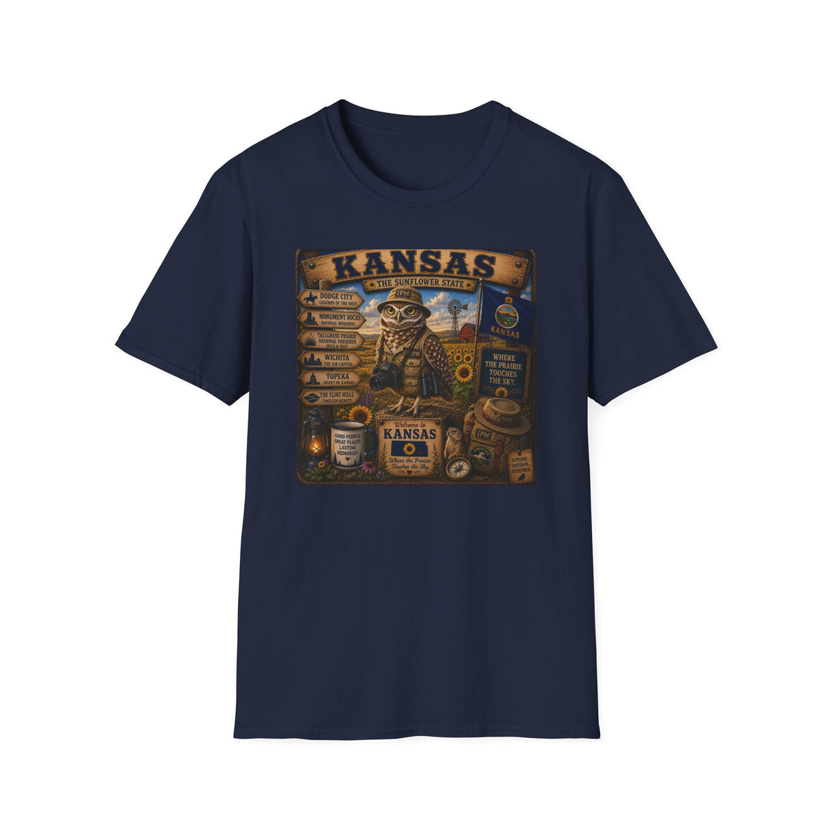 Kansas Vintage State Map T‑Shirt — Sunflower State Owl Design