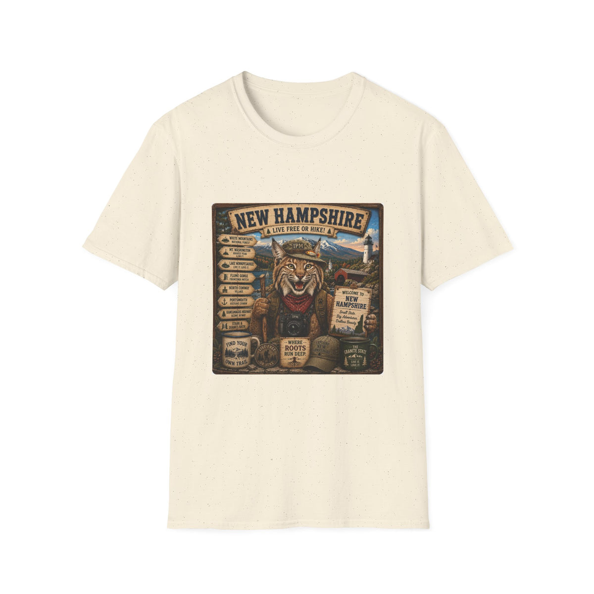 New Hampshire T-Shirt — 'Live Free or Hike' Vintage Mountain Bobcat Design