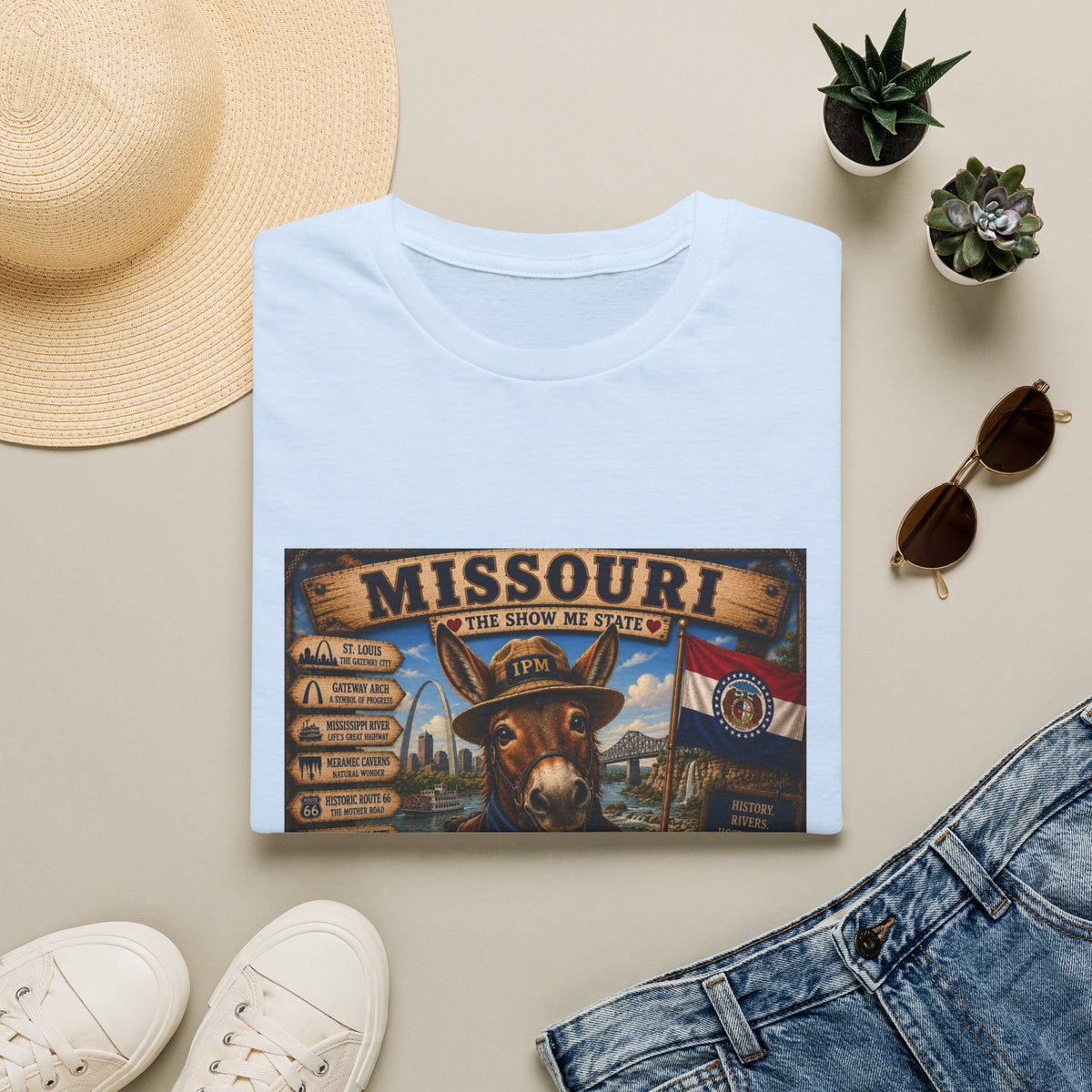 Missouri Vintage Donkey T-Shirt — State Map, Landmarks & Flag Graphic