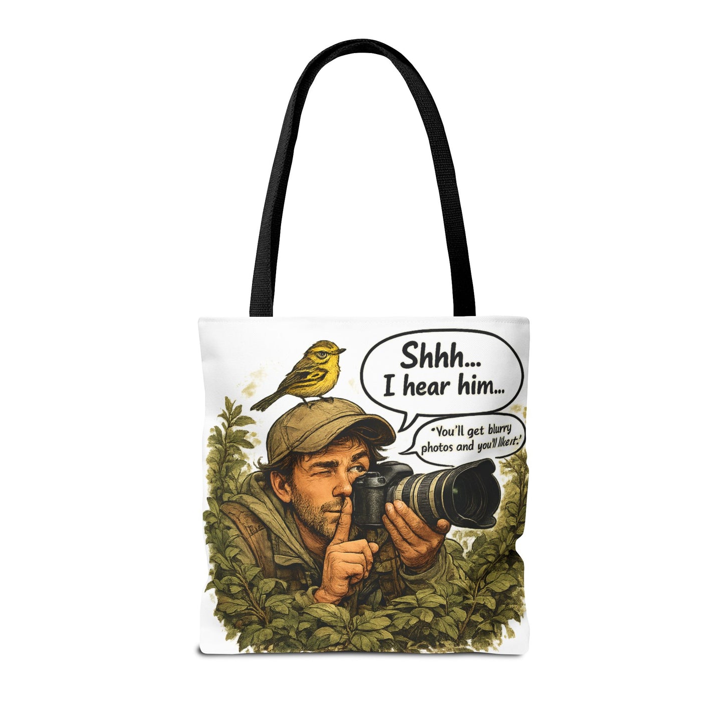 Wildlife Photographer Tote Bag – "Shhh... I hear him" Birdwatching Camera Print
