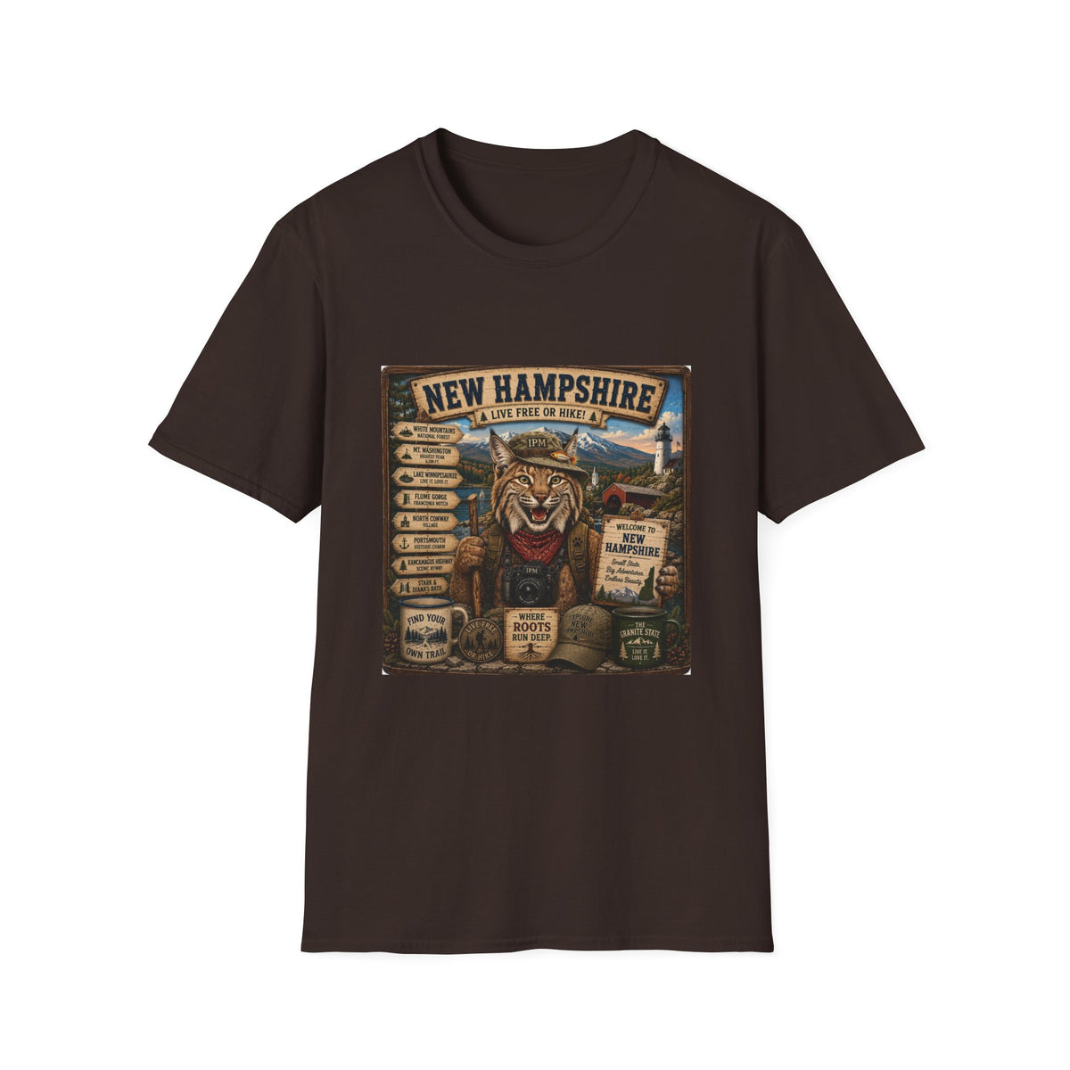 New Hampshire T-Shirt — 'Live Free or Hike' Vintage Mountain Bobcat Design