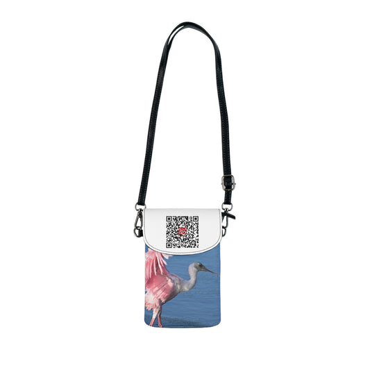 Roseate Spoonbill Phone Wallet — Small Crossbody Cell Phone Pouch with QR Accent