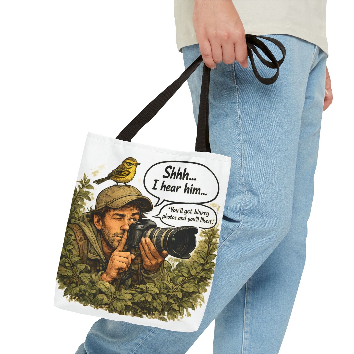 Wildlife Photographer Tote Bag – "Shhh... I hear him" Birdwatching Camera Print