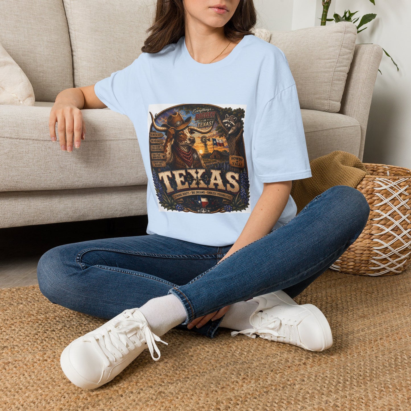 Texas Retro Cowboy T-Shirt — Vintage Longhorn & Raccoon Road Sign Design