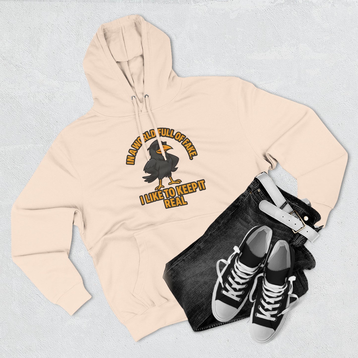 Three-Panel Hoodie — Funny Ostrich "I Like to Keep It Real" Graphic