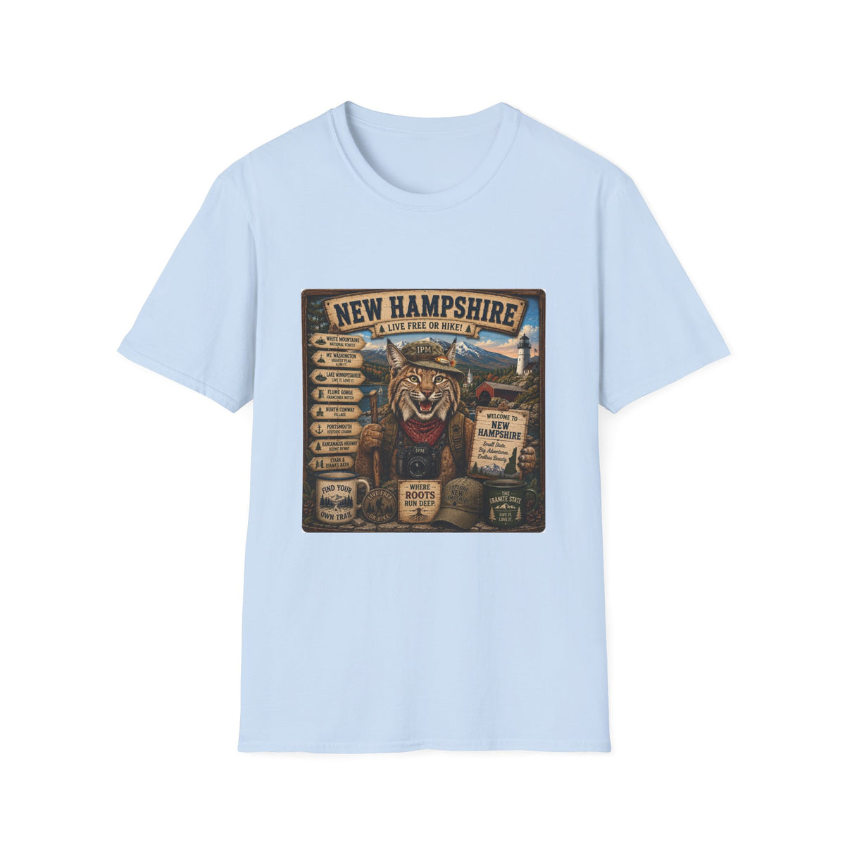 New Hampshire T-Shirt — 'Live Free or Hike' Vintage Mountain Bobcat Design