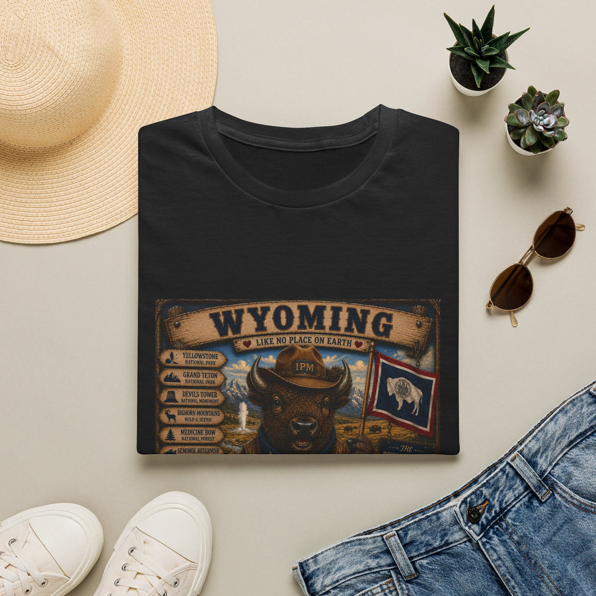 Wyoming Buffalo Vintage Graphic T‑Shirt — 'Wyoming: Like No Place on Earth' State Pride