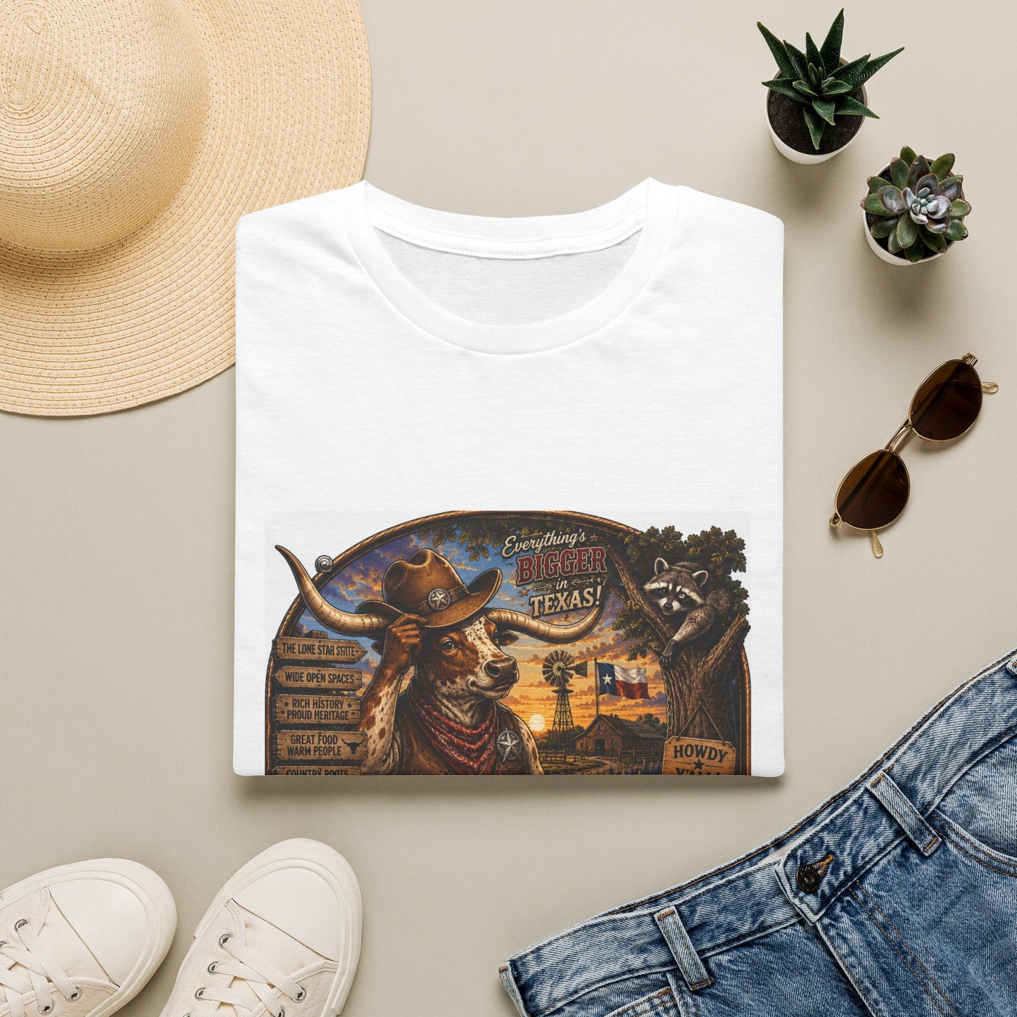 Texas Retro Cowboy T-Shirt — Vintage Longhorn & Raccoon Road Sign Design