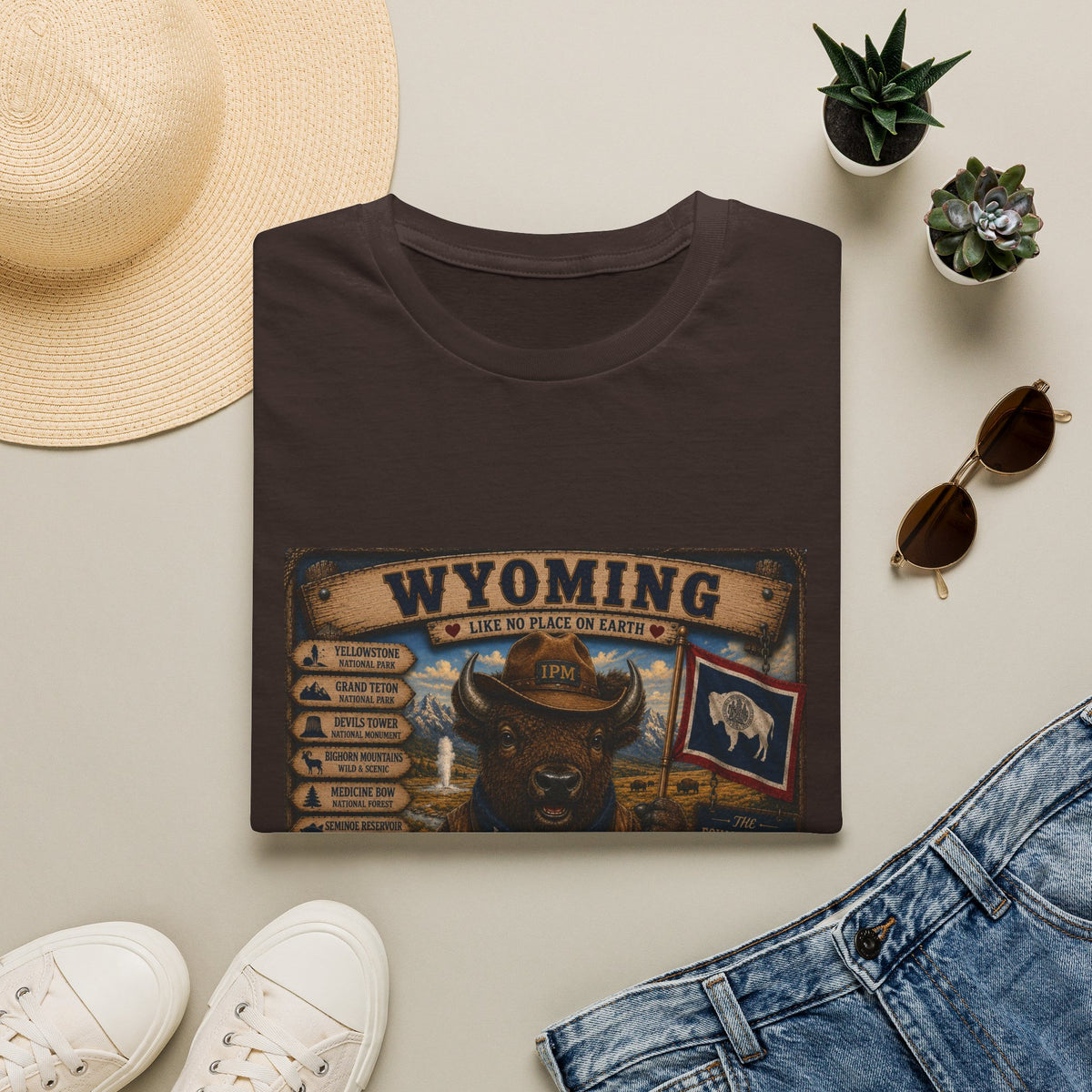 Wyoming Buffalo Vintage Graphic T‑Shirt — 'Wyoming: Like No Place on Earth' State Pride