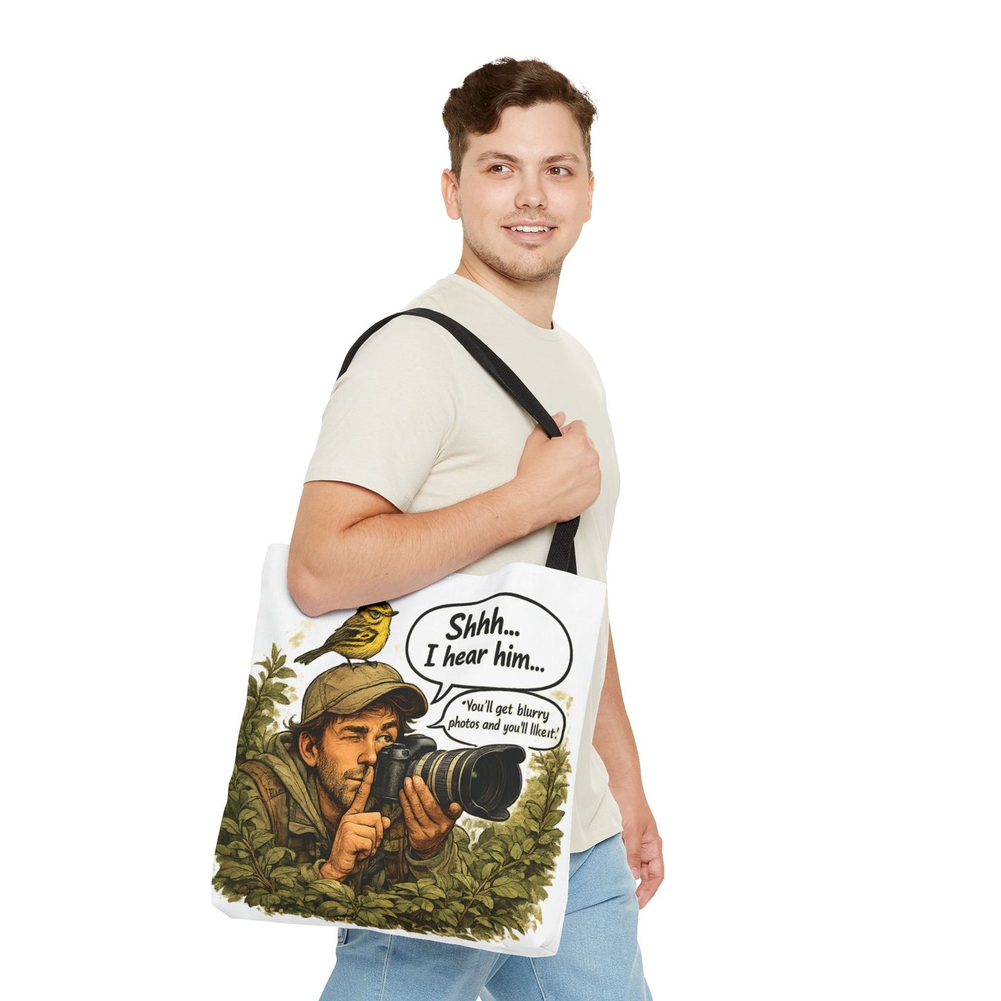 Wildlife Photographer Tote Bag – "Shhh... I hear him" Birdwatching Camera Print