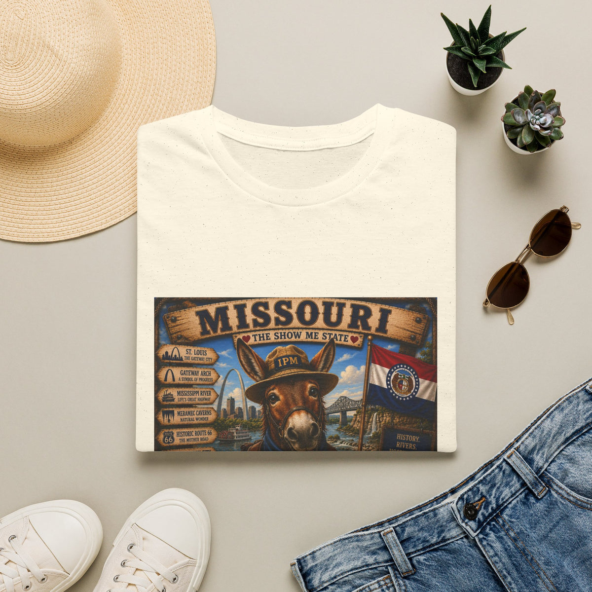 Missouri Vintage Donkey T-Shirt — State Map, Landmarks & Flag Graphic