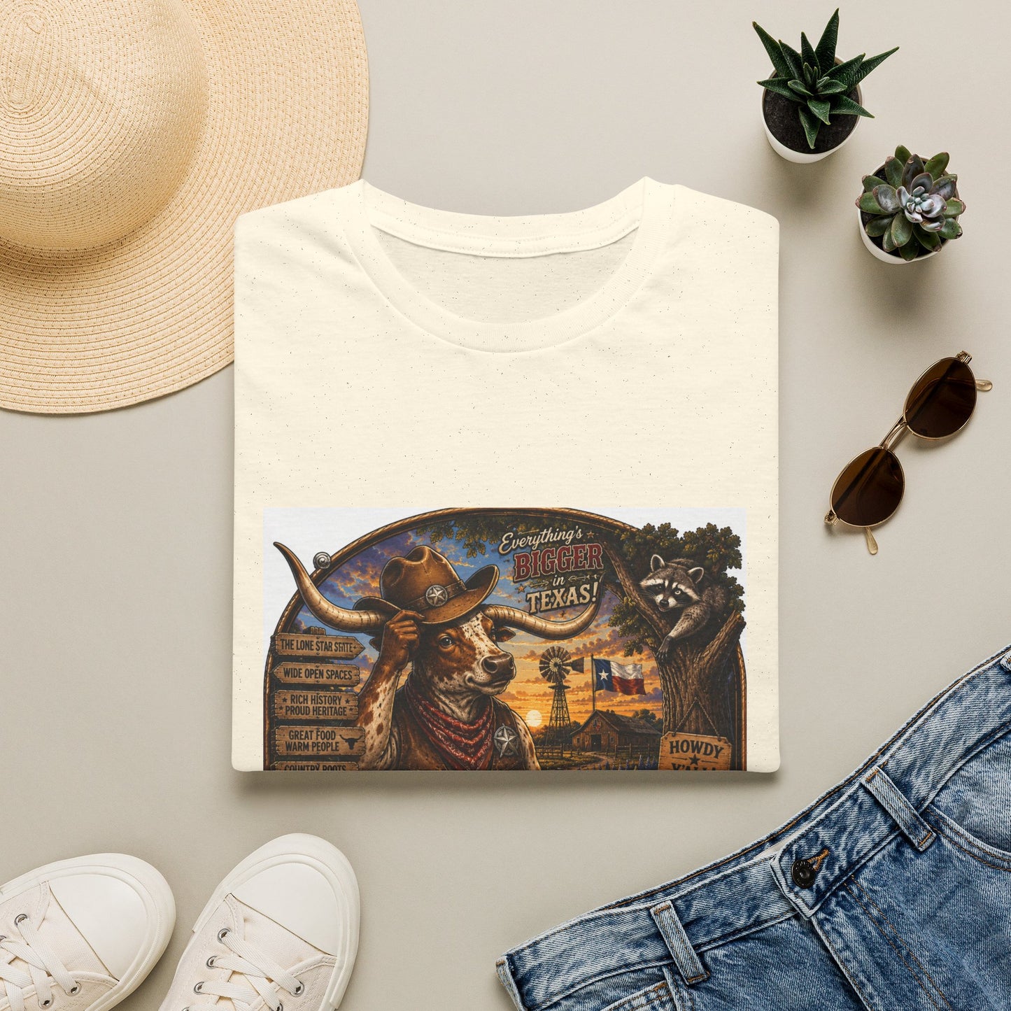 Texas Retro Cowboy T-Shirt — Vintage Longhorn & Raccoon Road Sign Design