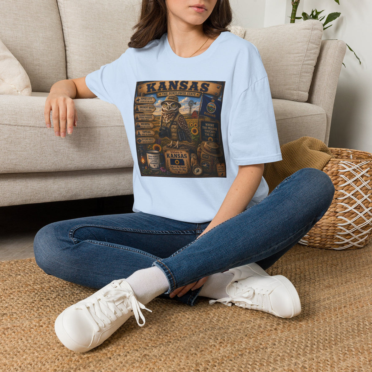 Kansas Vintage State Map T‑Shirt — Sunflower State Owl Design