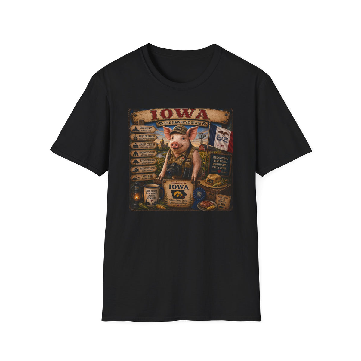 Iowa Pig State Map T-Shirt — Hawkeye State Travel Souvenir Tee