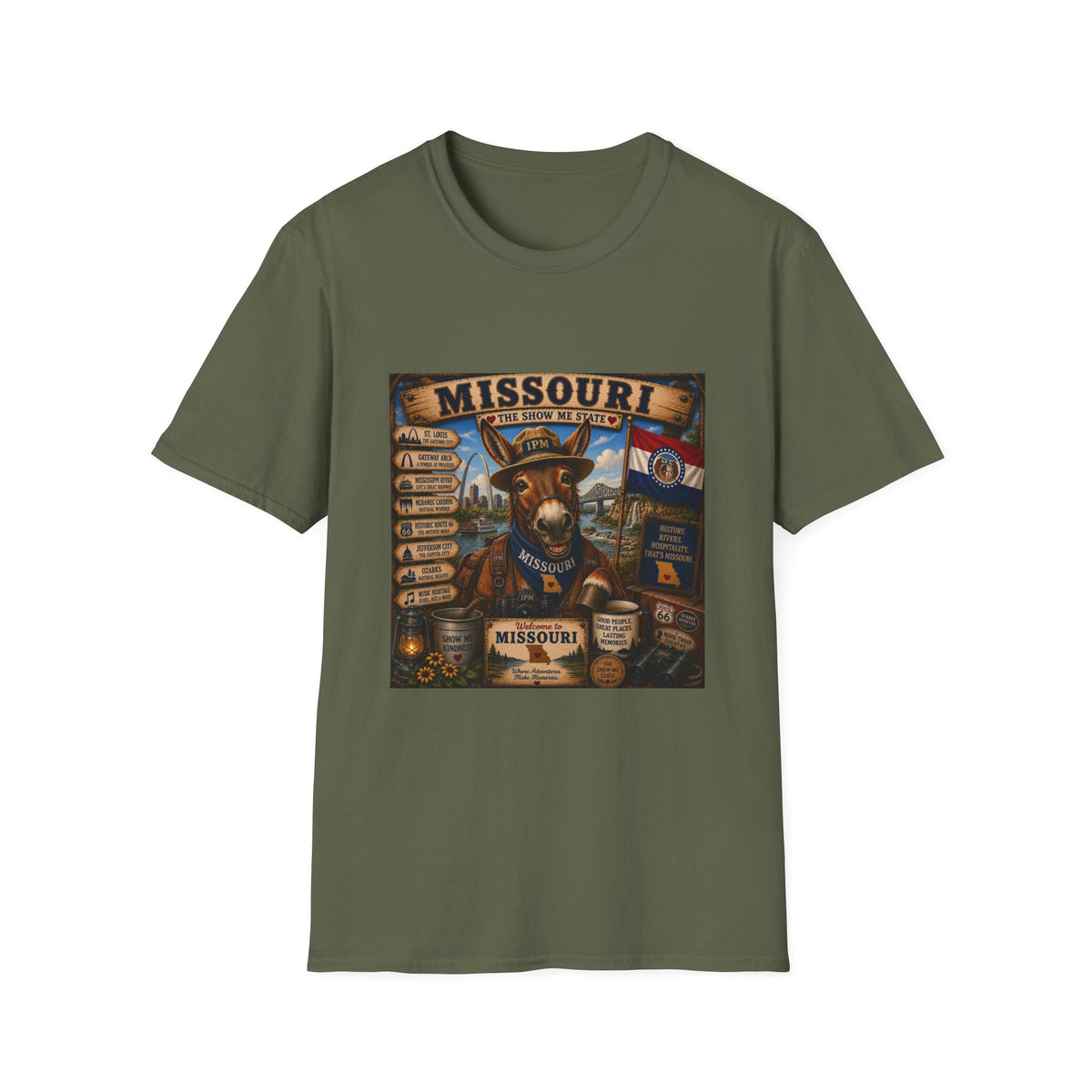 Missouri Vintage Donkey T-Shirt — State Map, Landmarks & Flag Graphic