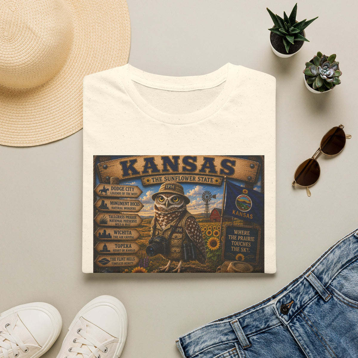 Kansas Vintage State Map T‑Shirt — Sunflower State Owl Design