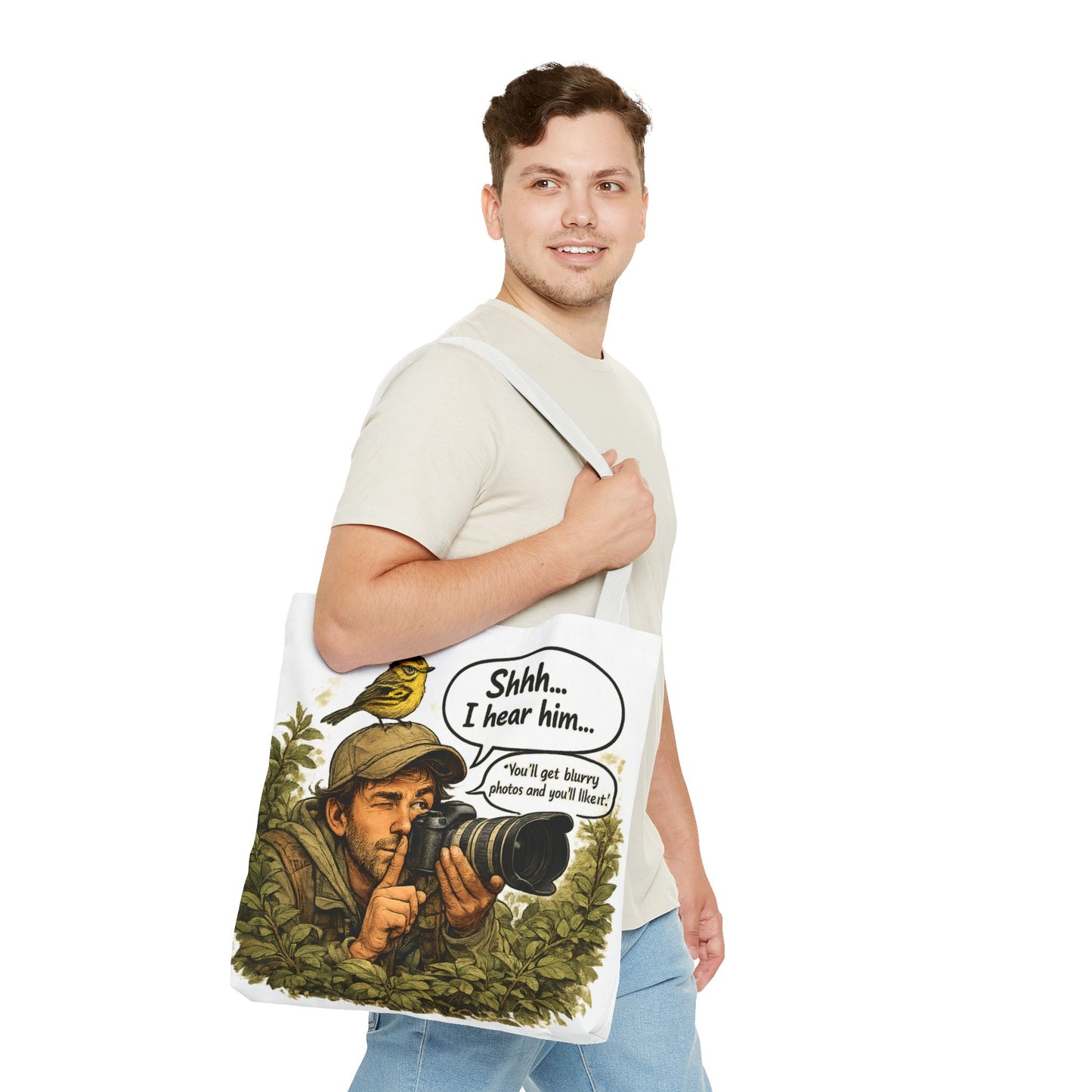 Wildlife Photographer Tote Bag – "Shhh... I hear him" Birdwatching Camera Print