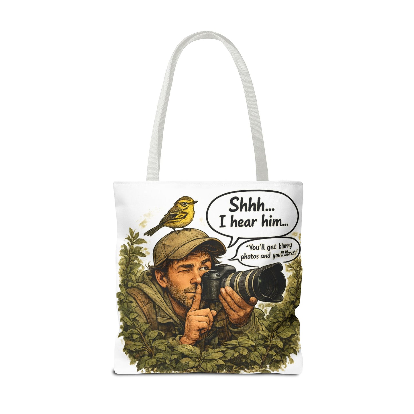 Wildlife Photographer Tote Bag – "Shhh... I hear him" Birdwatching Camera Print