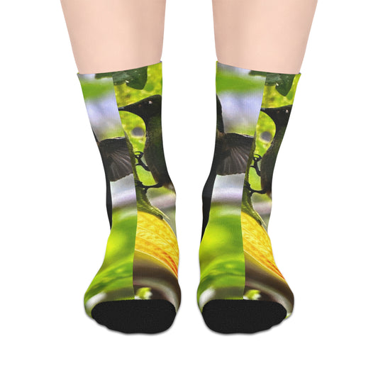 Hummingbird & Yellow Flower Mid-Length Socks — Nature Floral Crew Socks