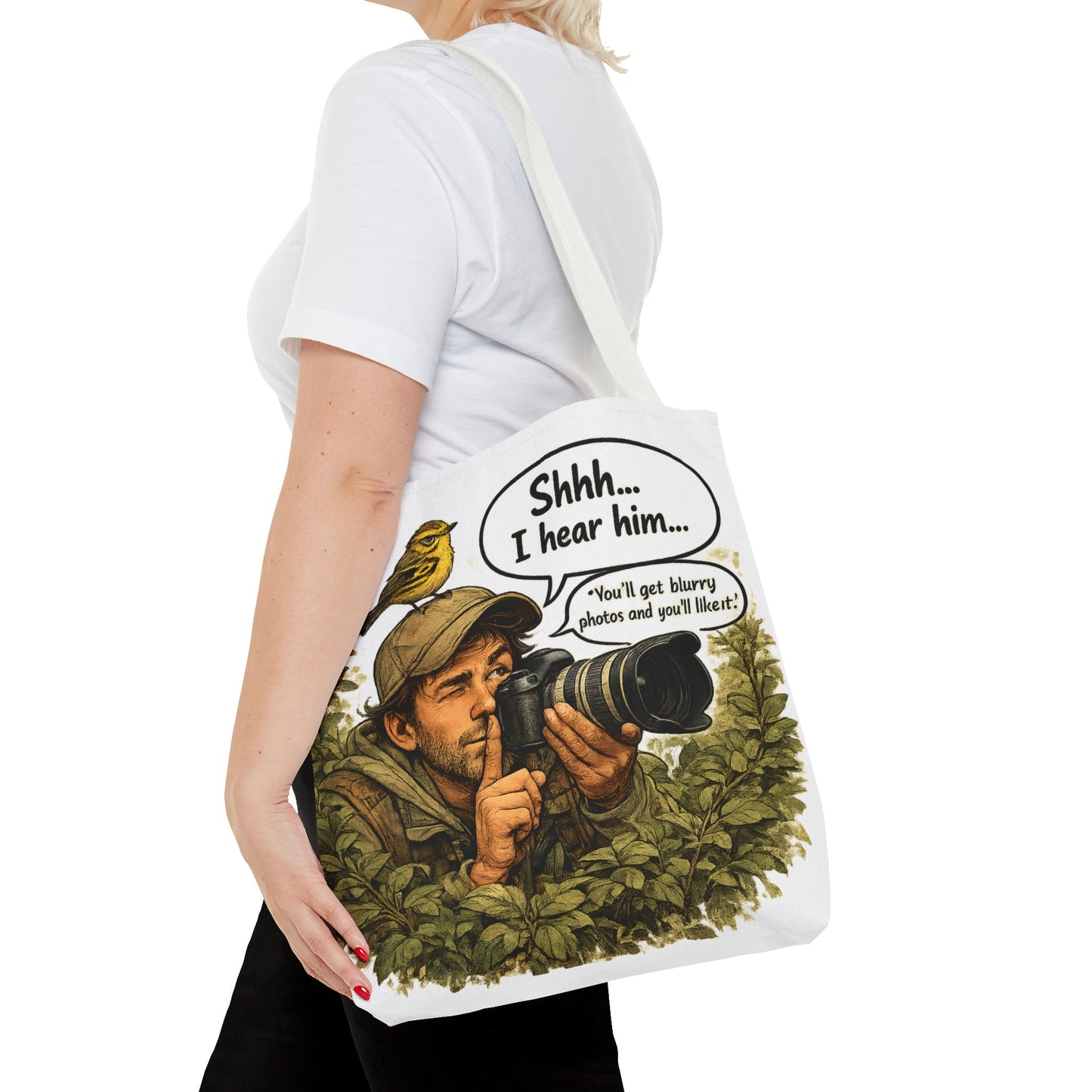 Wildlife Photographer Tote Bag – "Shhh... I hear him" Birdwatching Camera Print