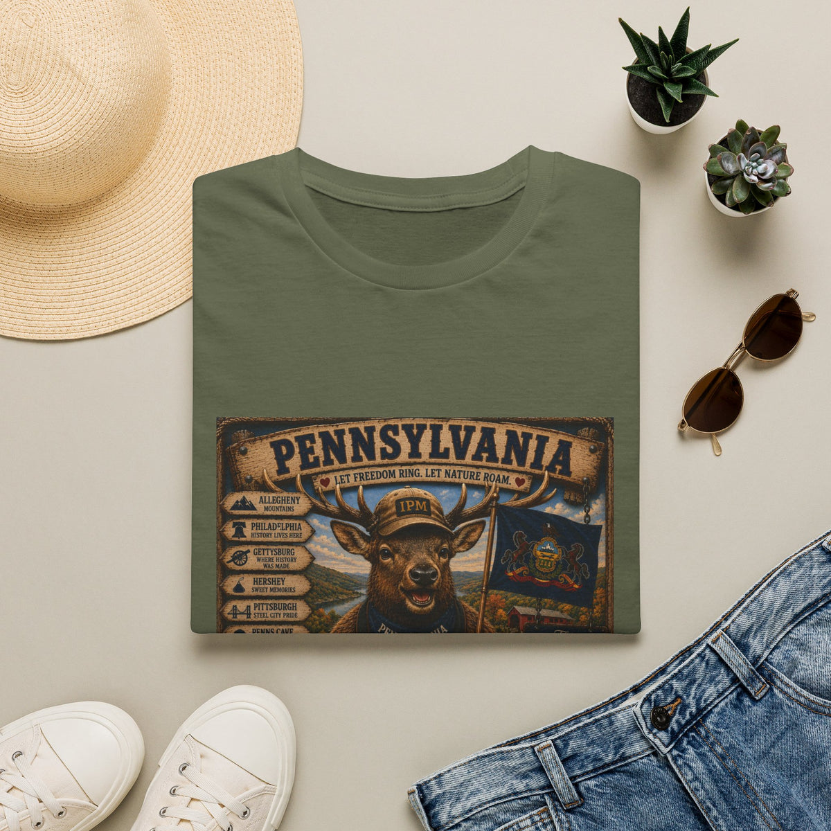 Pennsylvania Deer Vintage State Sign T-Shirt — Rustic Hunting & Outdoors Souvenir