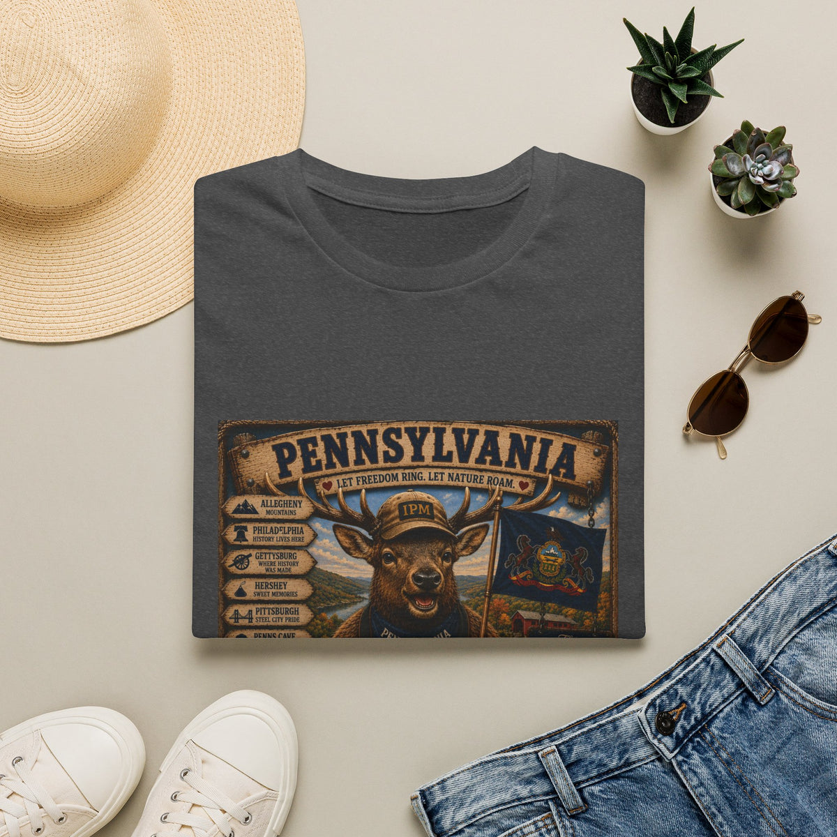 Pennsylvania Deer Vintage State Sign T-Shirt — Rustic Hunting & Outdoors Souvenir