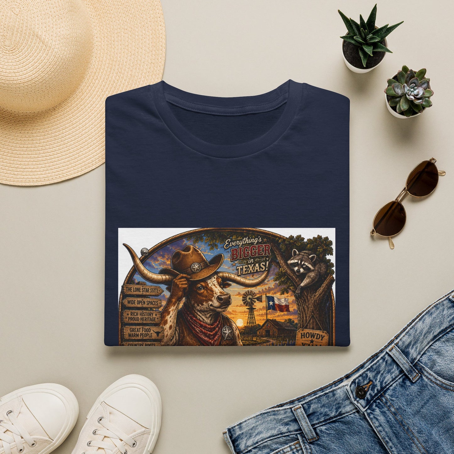 Texas Retro Cowboy T-Shirt — Vintage Longhorn & Raccoon Road Sign Design
