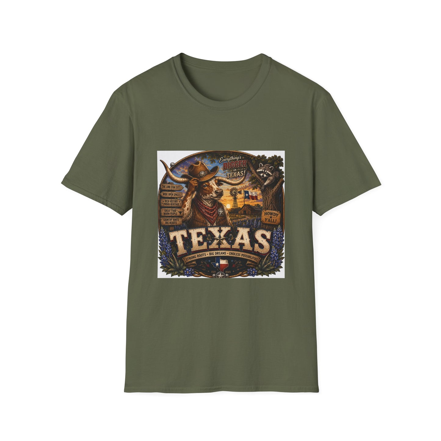 Texas Retro Cowboy T-Shirt — Vintage Longhorn & Raccoon Road Sign Design
