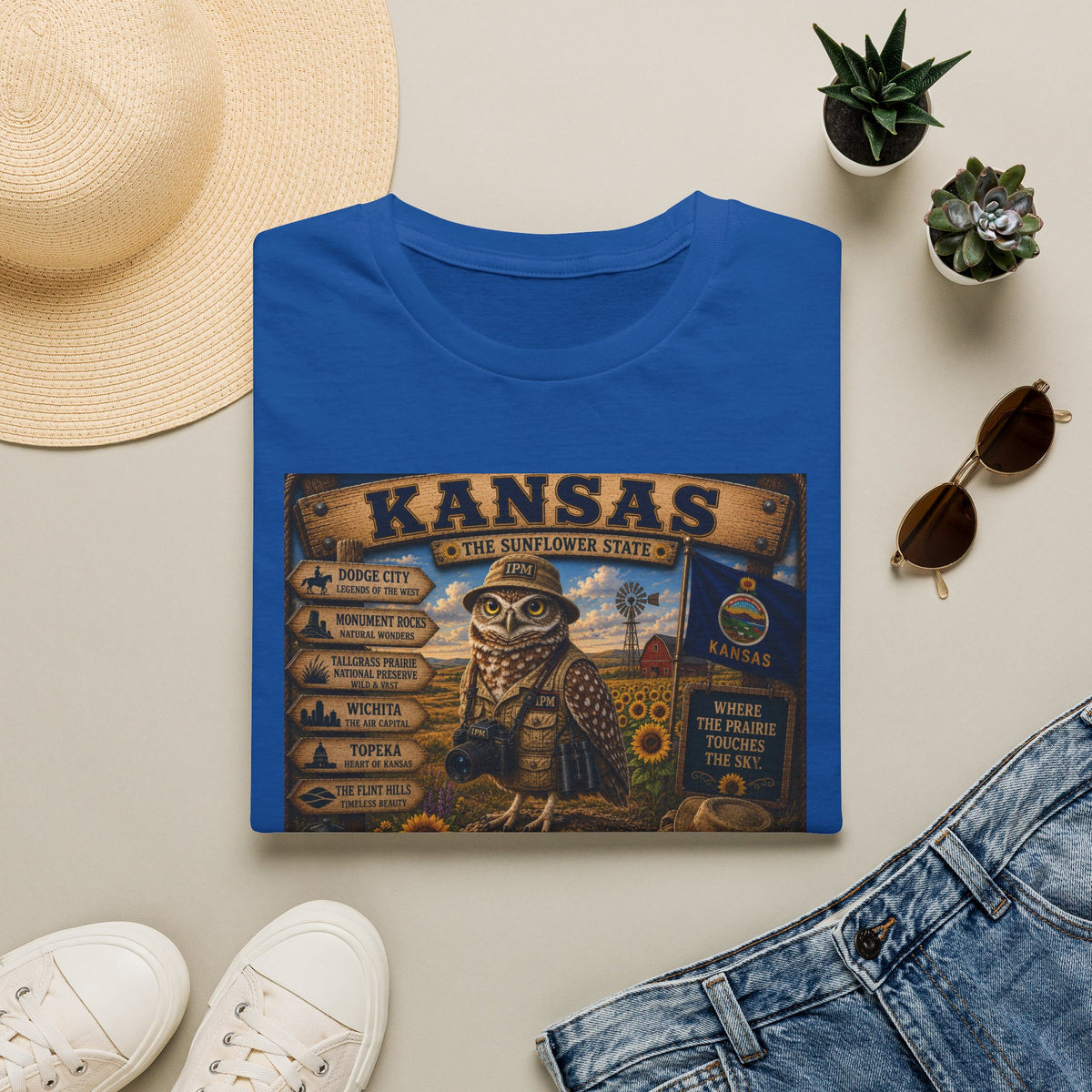 Kansas Vintage State Map T‑Shirt — Sunflower State Owl Design
