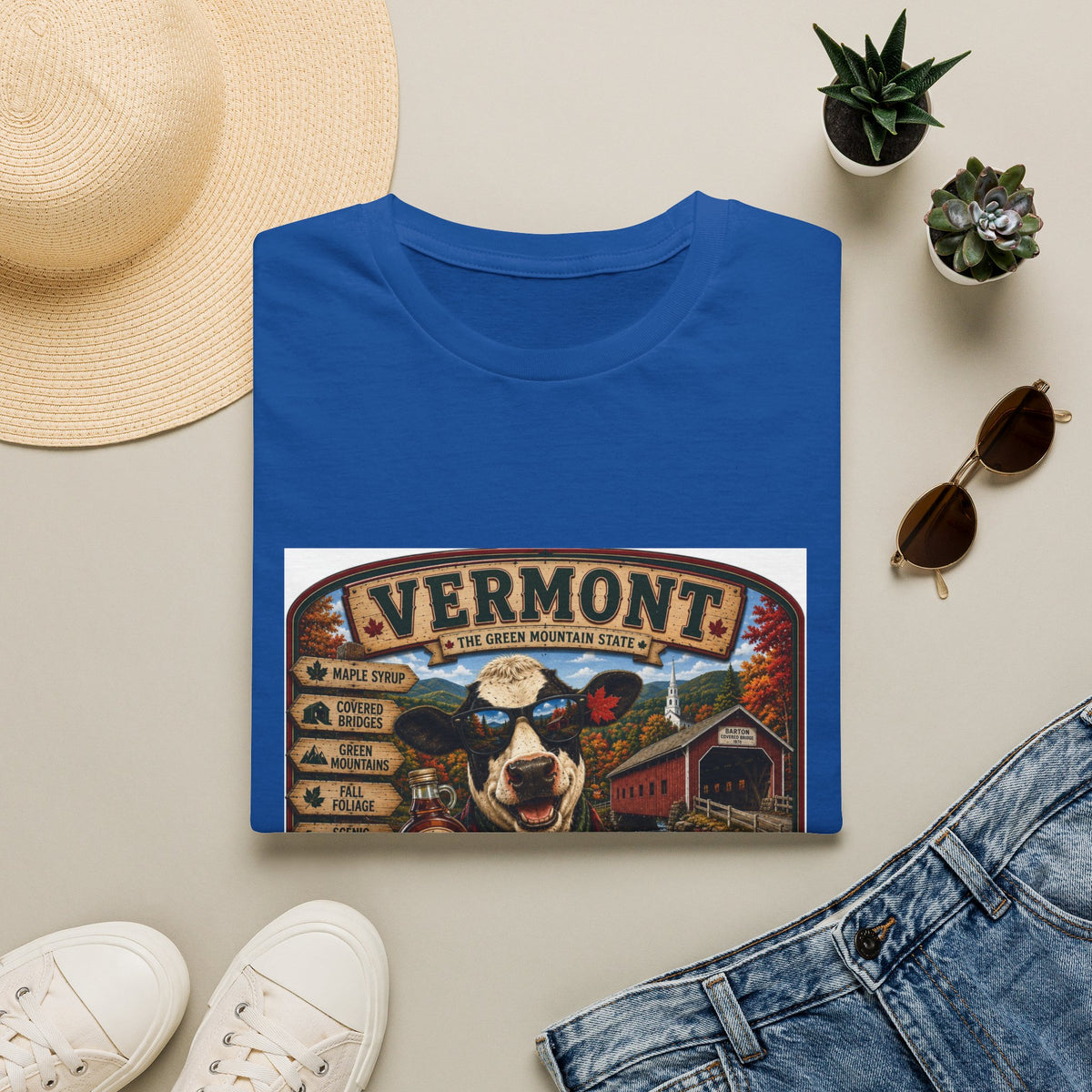 Vermont Vintage Travel T‑Shirt — Retro State Sign & Cow Design