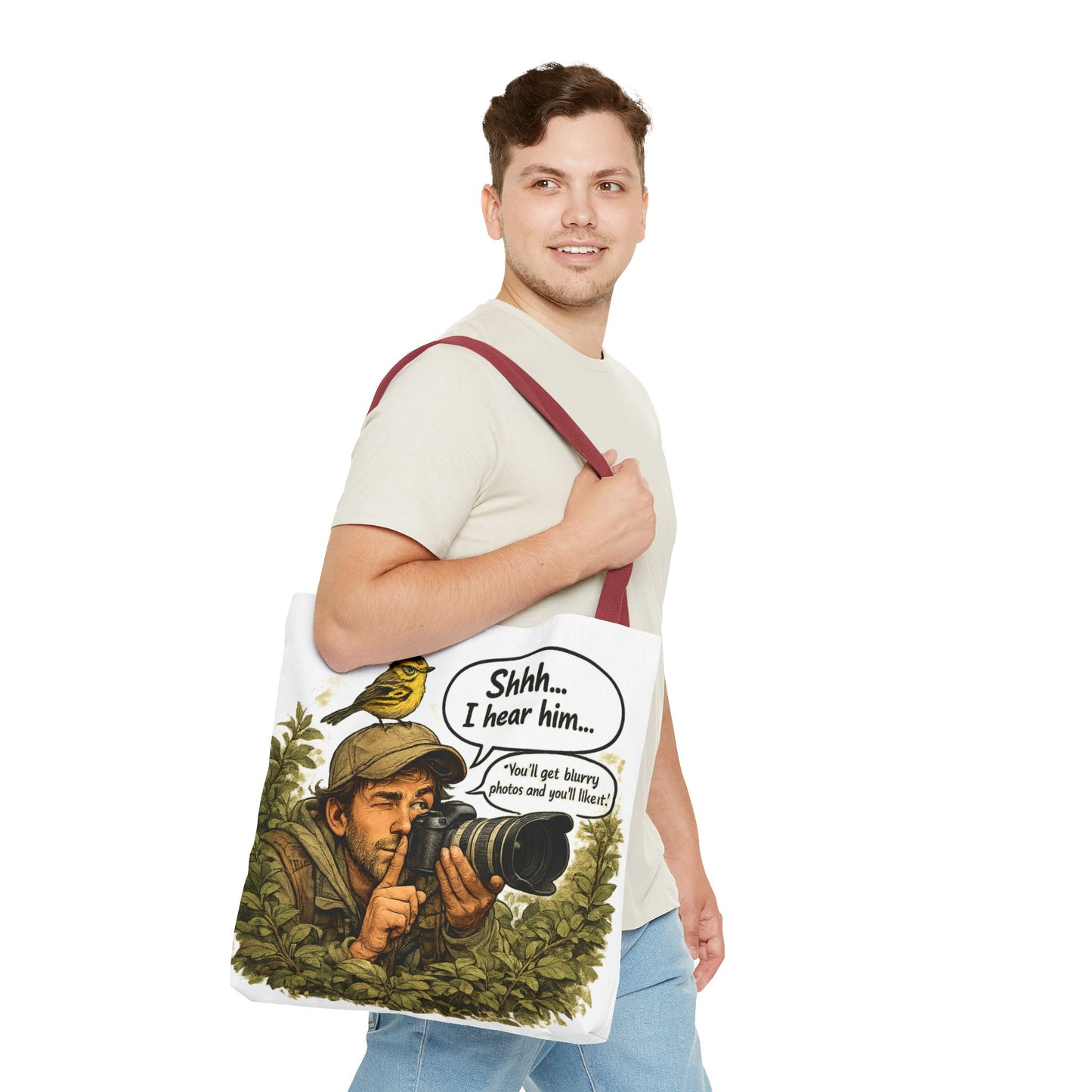 Wildlife Photographer Tote Bag – "Shhh... I hear him" Birdwatching Camera Print