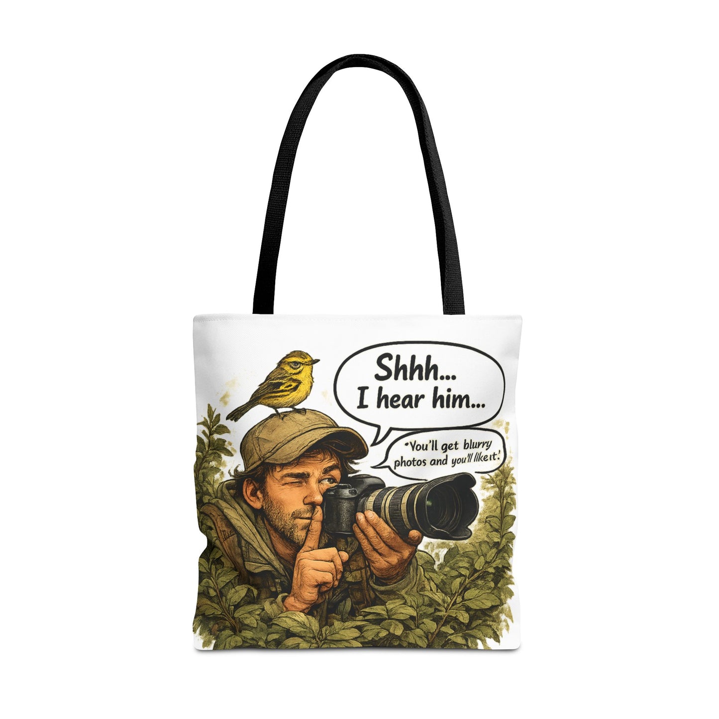 Wildlife Photographer Tote Bag – "Shhh... I hear him" Birdwatching Camera Print