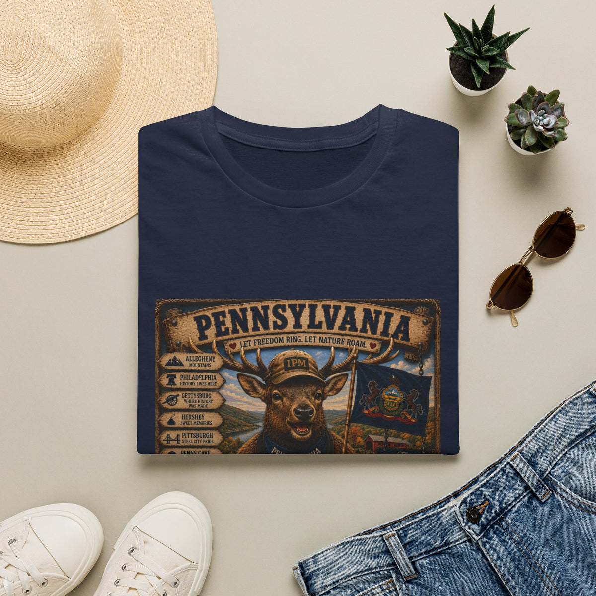 Pennsylvania Deer Vintage State Sign T-Shirt — Rustic Hunting & Outdoors Souvenir