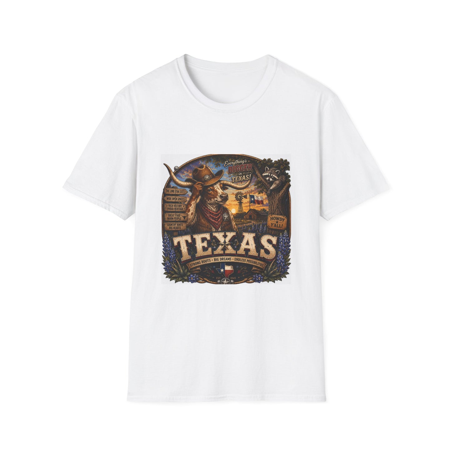 Texas Retro Cowboy T-Shirt — Vintage Longhorn & Raccoon Road Sign Design