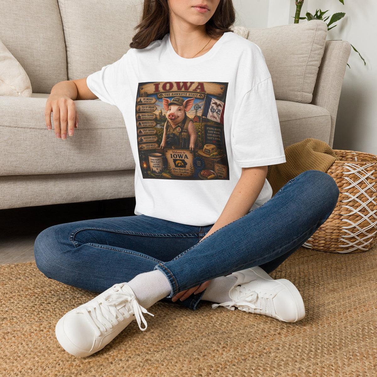 Iowa Pig State Map T-Shirt — Hawkeye State Travel Souvenir Tee