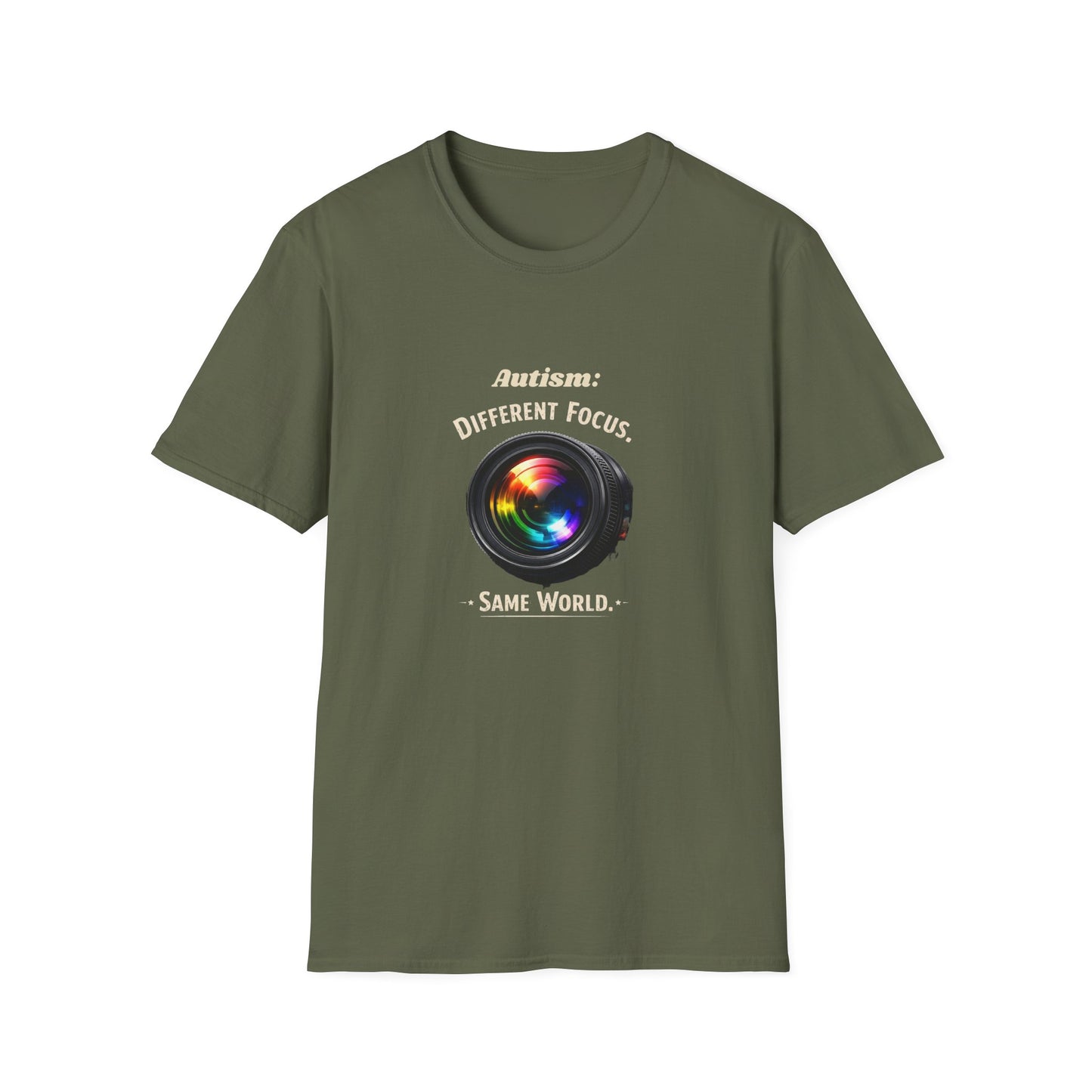 Autism: Different Focus Same World T-Shirt — Camera Lens Awareness Tee