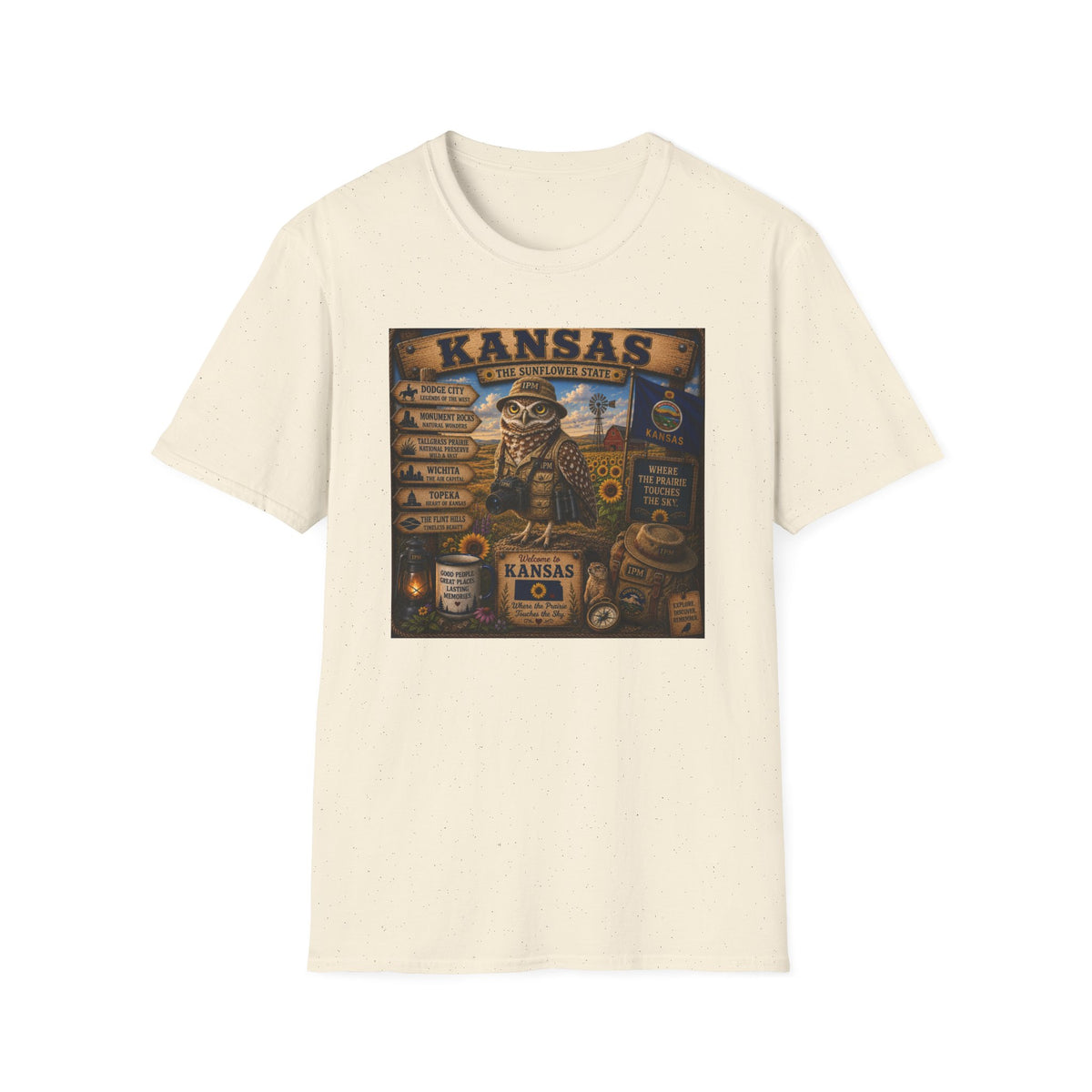 Kansas Vintage State Map T‑Shirt — Sunflower State Owl Design