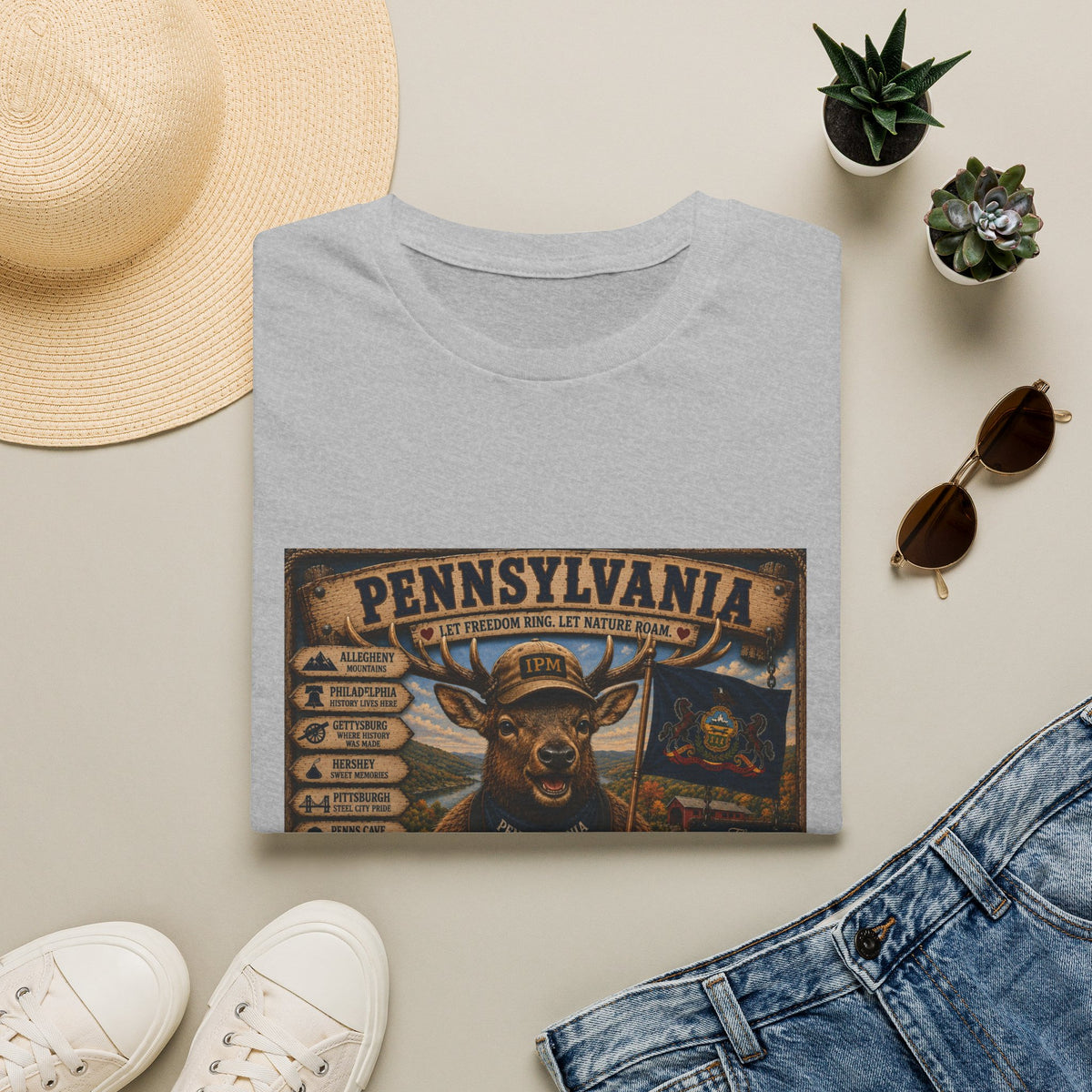 Pennsylvania Deer Vintage State Sign T-Shirt — Rustic Hunting & Outdoors Souvenir