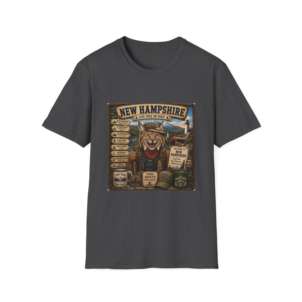 New Hampshire T-Shirt — 'Live Free or Hike' Vintage Mountain Bobcat Design
