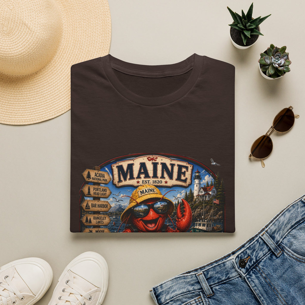 Maine Lobster Souvenir T-Shirt — Vintage Coastal Travel Design