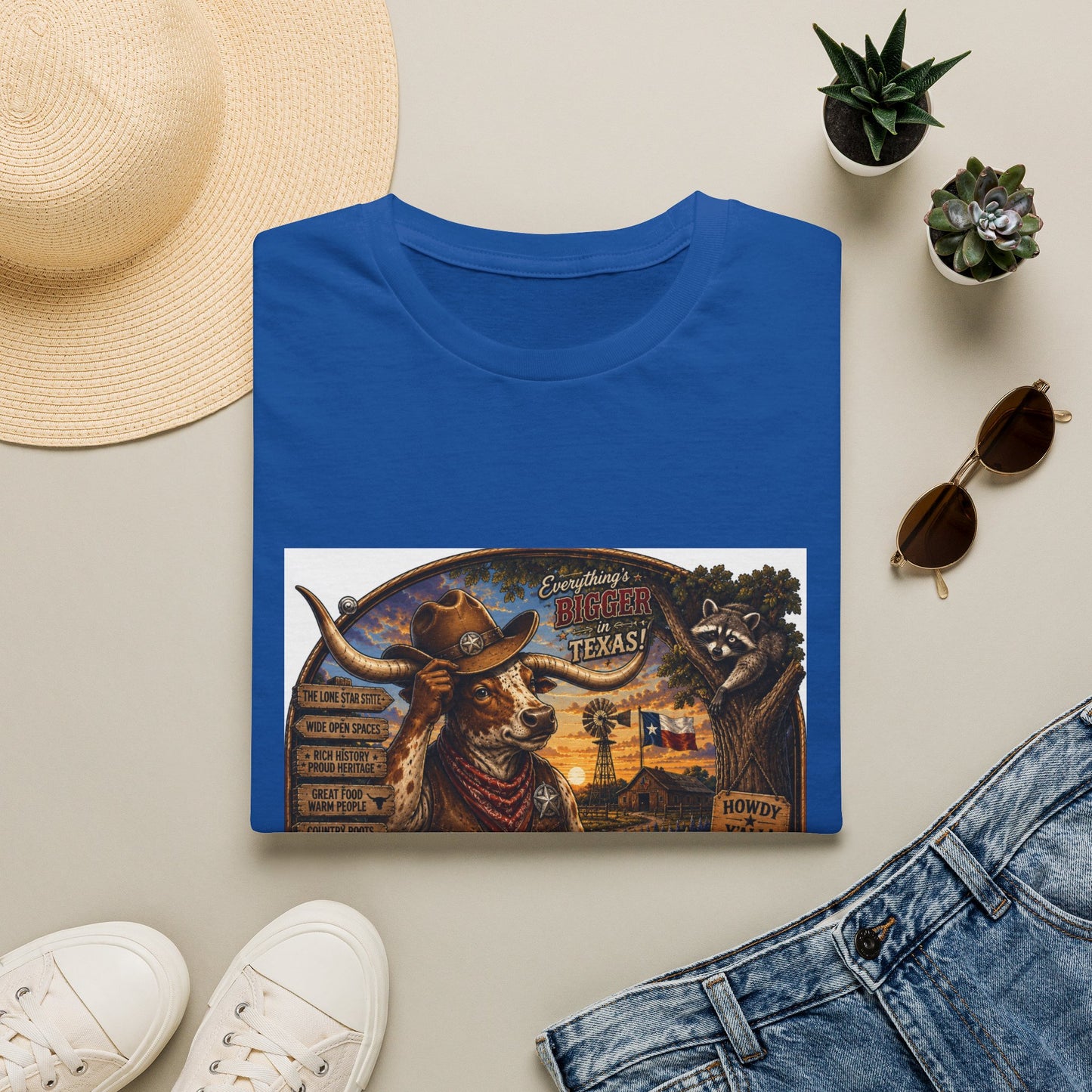 Texas Retro Cowboy T-Shirt — Vintage Longhorn & Raccoon Road Sign Design