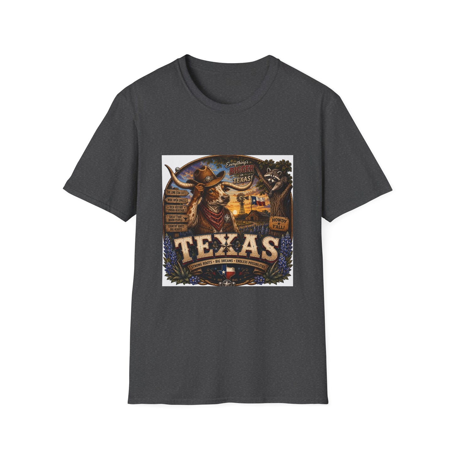 Texas Retro Cowboy T-Shirt — Vintage Longhorn & Raccoon Road Sign Design