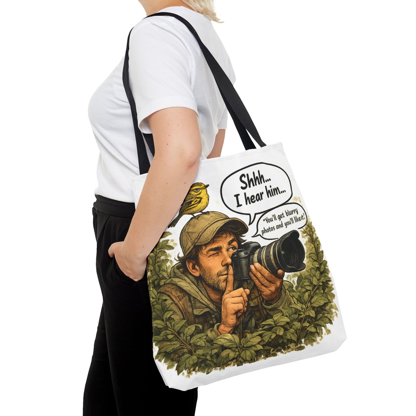 Wildlife Photographer Tote Bag – "Shhh... I hear him" Birdwatching Camera Print