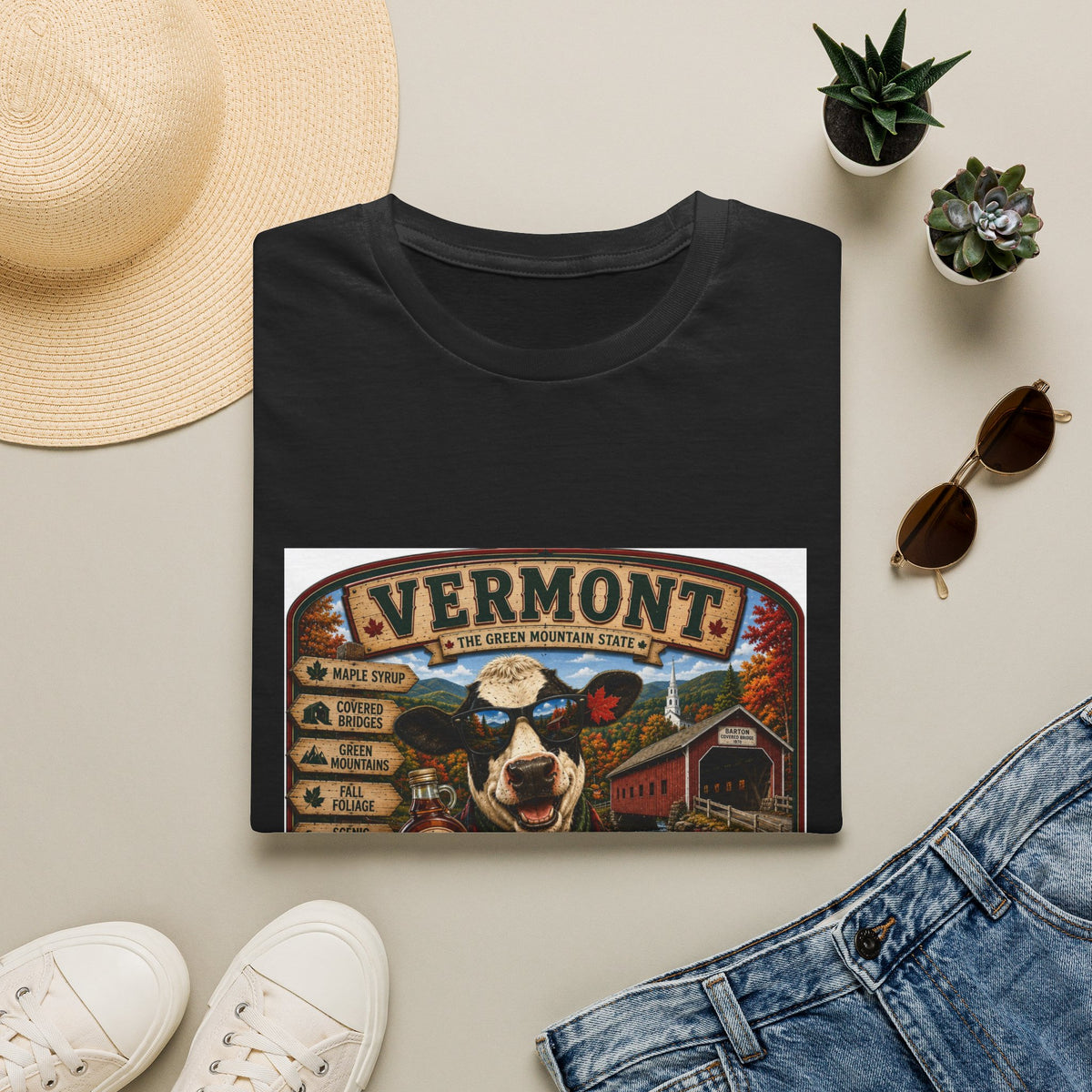 Vermont Vintage Travel T‑Shirt — Retro State Sign & Cow Design